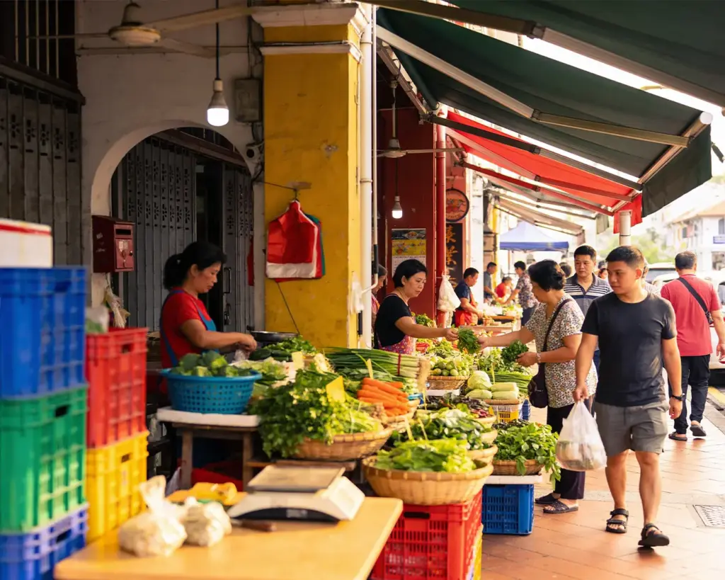 Shoppers selecting fresh vegetables at a bustling hawker street market in Singapore, with colourful produce displayed on stalls and vendors engaging with customers in a lively morning atmosphere