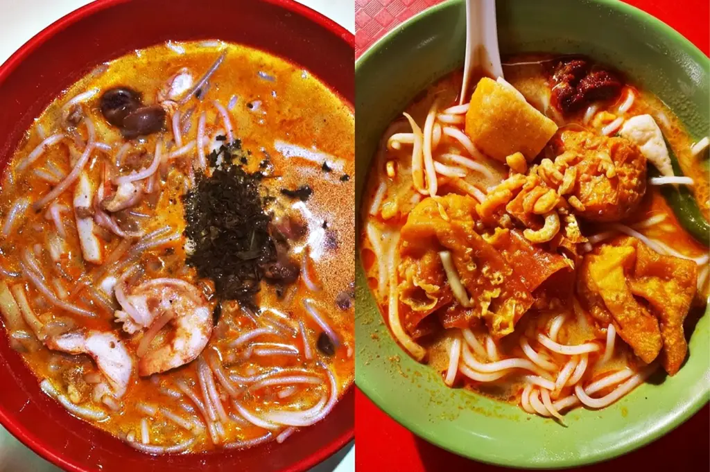 A side-by-side comparison of a traditional Singapore laksa bowl on the left with prawns and cockles, and a modern laksa interpretation on the right featuring wontons and deep-fried toppings.