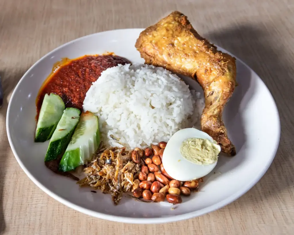 A plate of traditional Malaysian nasi lemak served with fragrant coconut rice, spicy sambal, crispy anchovies, roasted peanuts, boiled egg, and cucumber slices.
