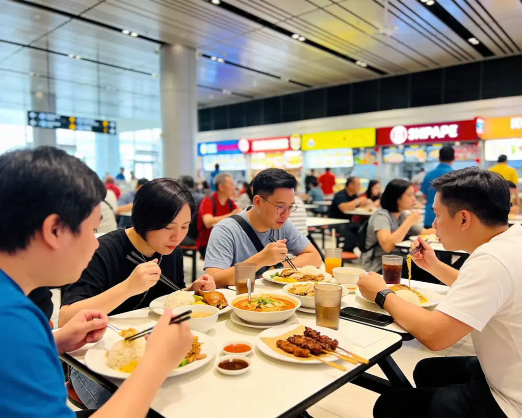 Visitors tasting a variety of dishes at a vibrant Singapore food court, with diverse cuisines on the tables and the lively chatter of diners creating a bustling communal dining environment