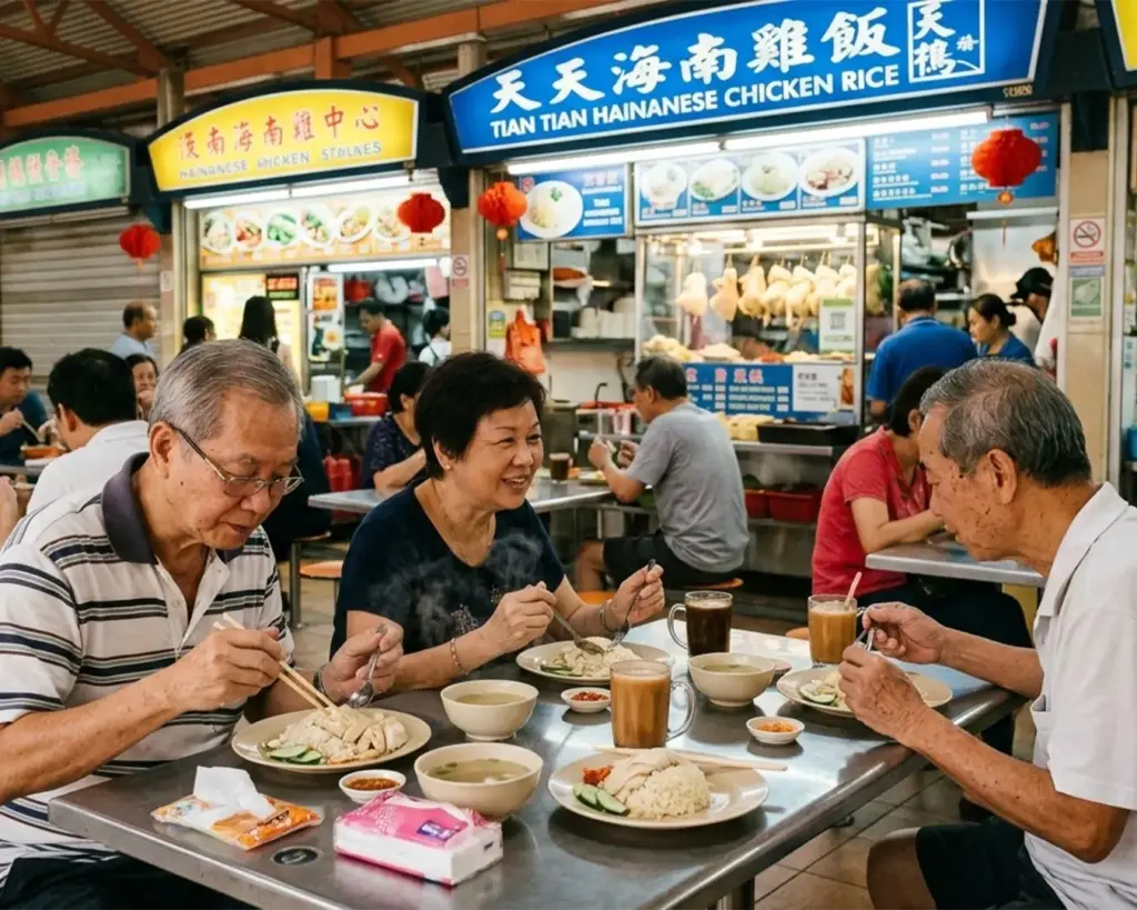 A group of people sitting at a hawker stall, savouring plates of Singapore-style chicken rice paired with steaming cups of kopi (local coffee), capturing a casual and social dining moment