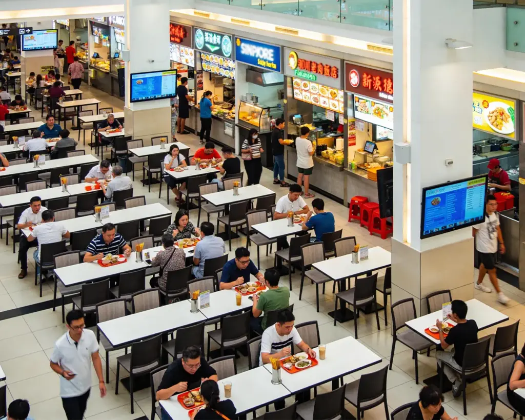 Diners sitting at tables in a busy Singapore food court, enjoying meals and drinks in a lively, multicultural setting filled with colourful signage and ambient activity