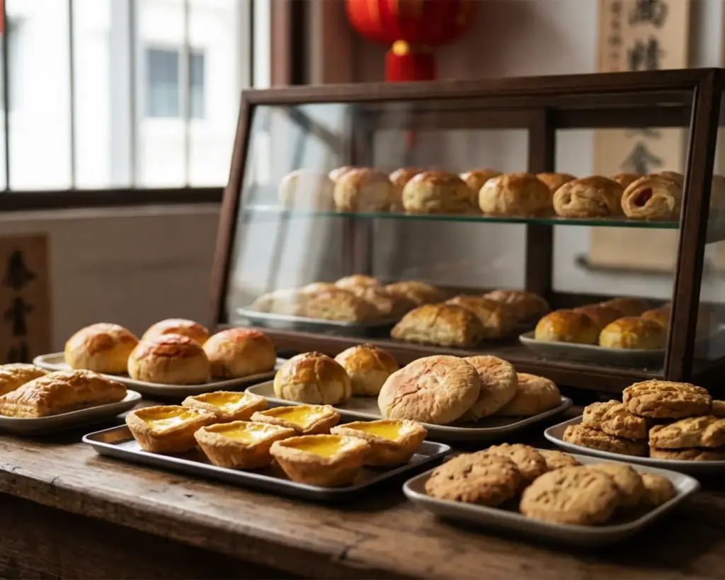 A display of traditional pastries, including egg tarts and freshly made buns, arranged behind a slightly scratched glass counter in a Chinatown setting. The scene captures a nostalgic and everyday bakery atmosphere