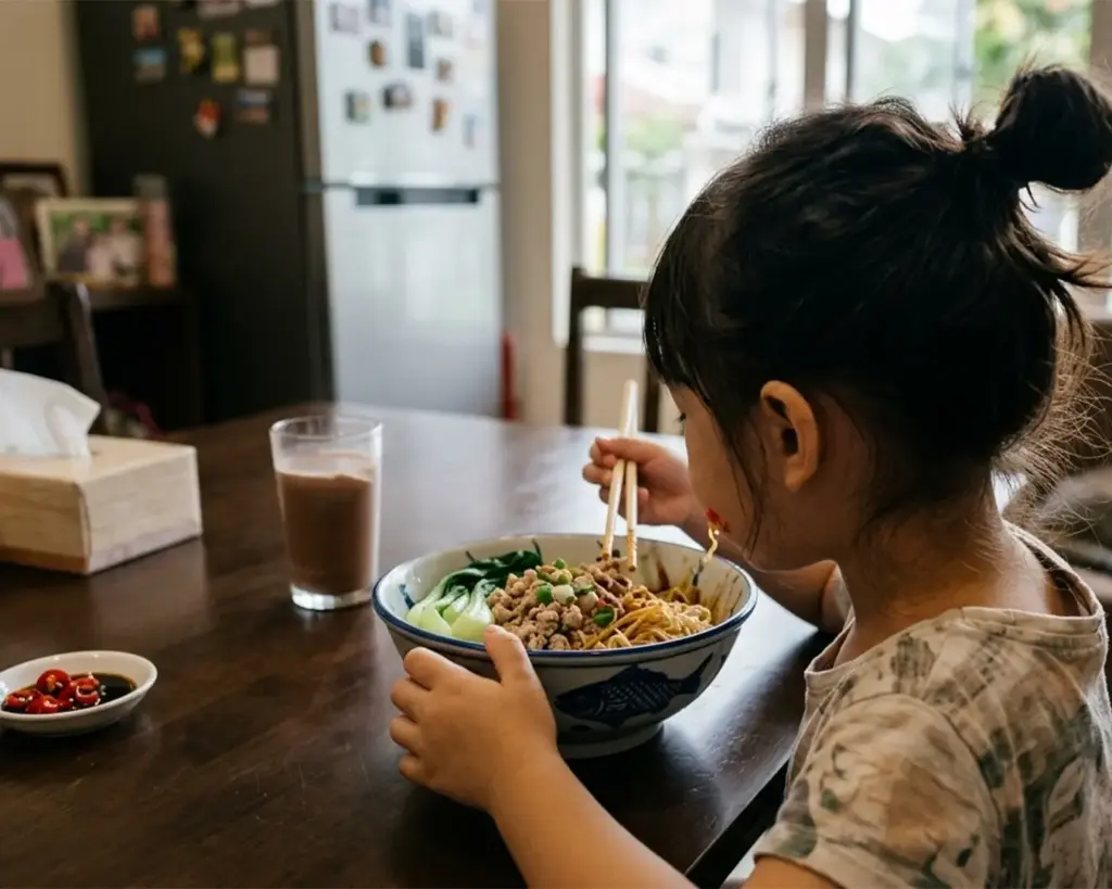 A young girl with a bun enjoys a bowl of noodles with chopsticks at a wooden table. Beside her is a glass of chocolate milk and a dish of red chilies.