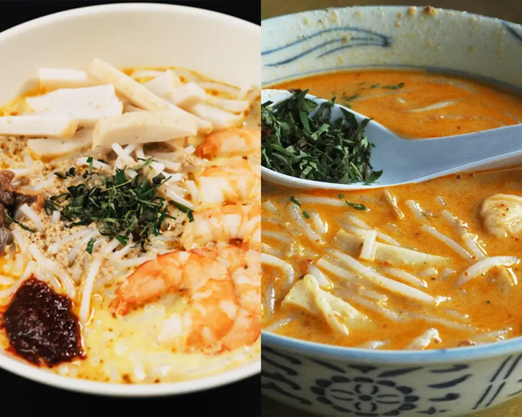 Two bowls of Asian noodle soup with shrimp, herbs, tofu, and spicy chili paste in creamy broth.