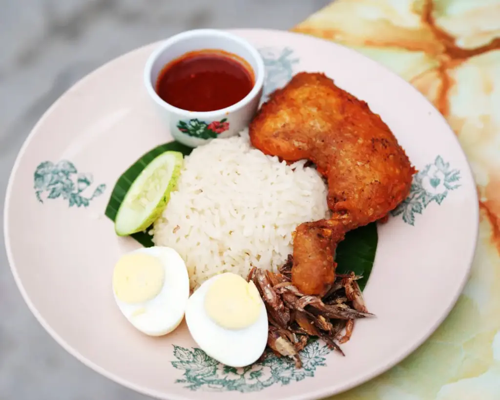 A plate of nasi lemak served with crispy fried chicken, coconut-infused rice, sambal, peanuts, anchovies, and boiled egg, offering a rich combination of textures and flavours in Malaysia’s beloved national dish.