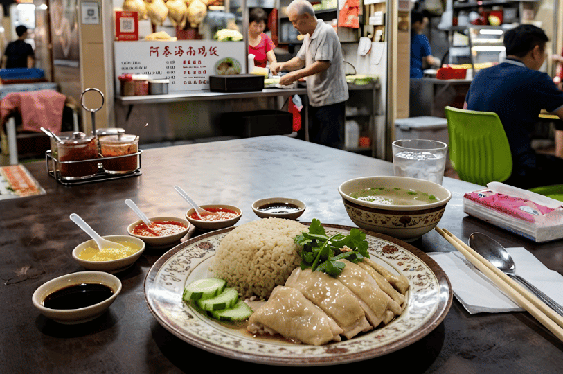 A plate of tender Hainanese sliced chicken and fragrant rice served with traditional dipping sauces and a bowl of clear soup on a metal table, with the Ah Tai Chicken Rice stall visible in the background.