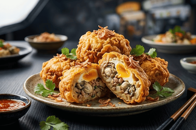 Close-up of crispy, golden-brown Fuzhou Oyster Cakes. Some are sliced in half to reveal a savory, steaming filling of fresh oysters, minced meat, and egg, garnished with cilantro.