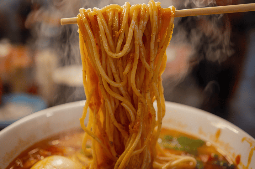 Wooden chopsticks lifting a tangled portion of noodles from a steaming bowl, specifically showing how the thick, mildly grainy, reddish-orange spice paste and gravy perfectly coat and cling to every single noodle strand.