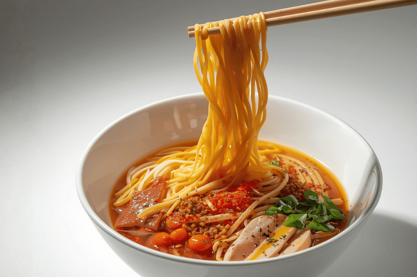 Chopsticks lifting pale noodles from a deep red-orange broth in a pristine white bowl, showcasing the beautiful interplay of the deeply colored, spiced chili oil pooling at the surface and the fresh, bright green herb garnishes.
