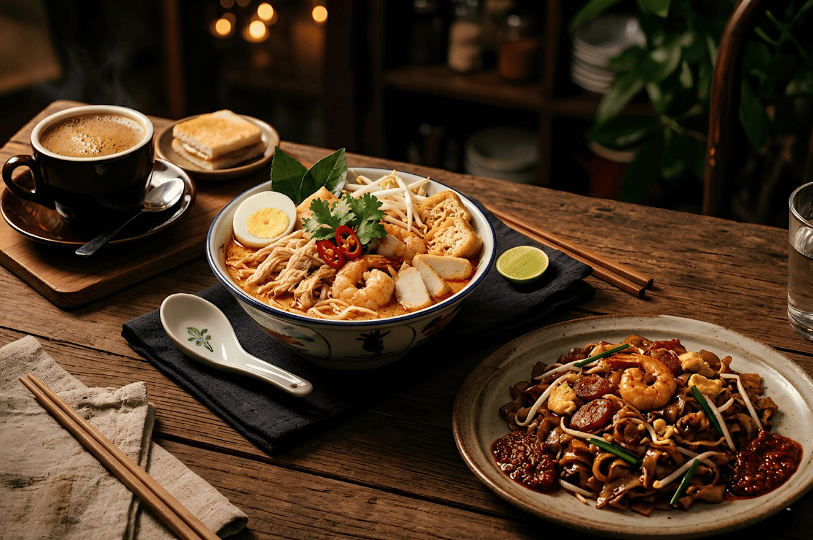 A rustic wooden table displaying a hearty spread of Singaporean dishes, including Nyonya laksa, kopi with kaya toast, and a plate of Char Kway Teow.