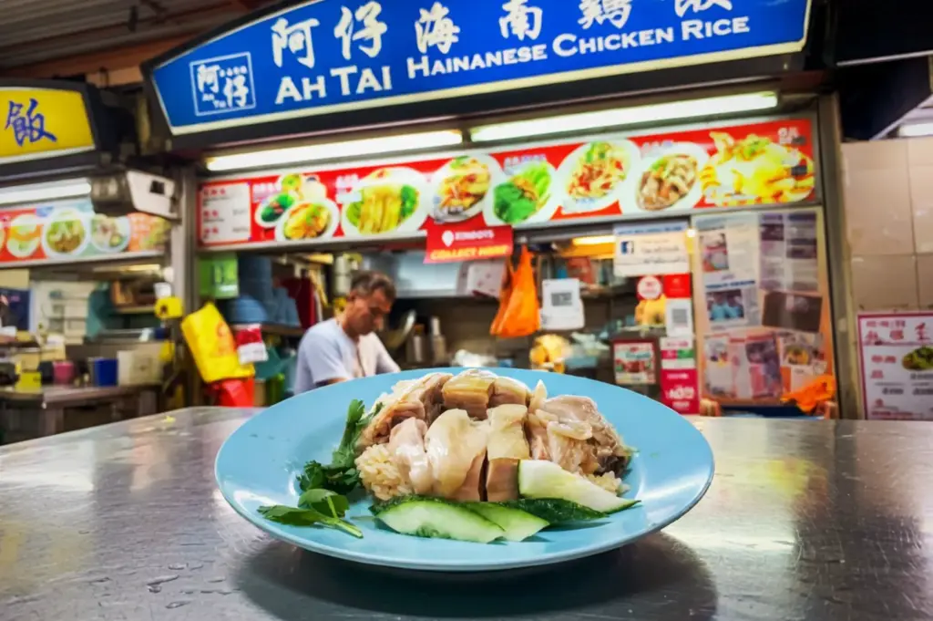 A plate of authentic Ah Tai Hainanese chicken rice with cucumber slices on the side served all on a blue plate in front of the Ah Tai Hainanese Chicken Rice hawker stall in Maxwell Food Centre Singapore.