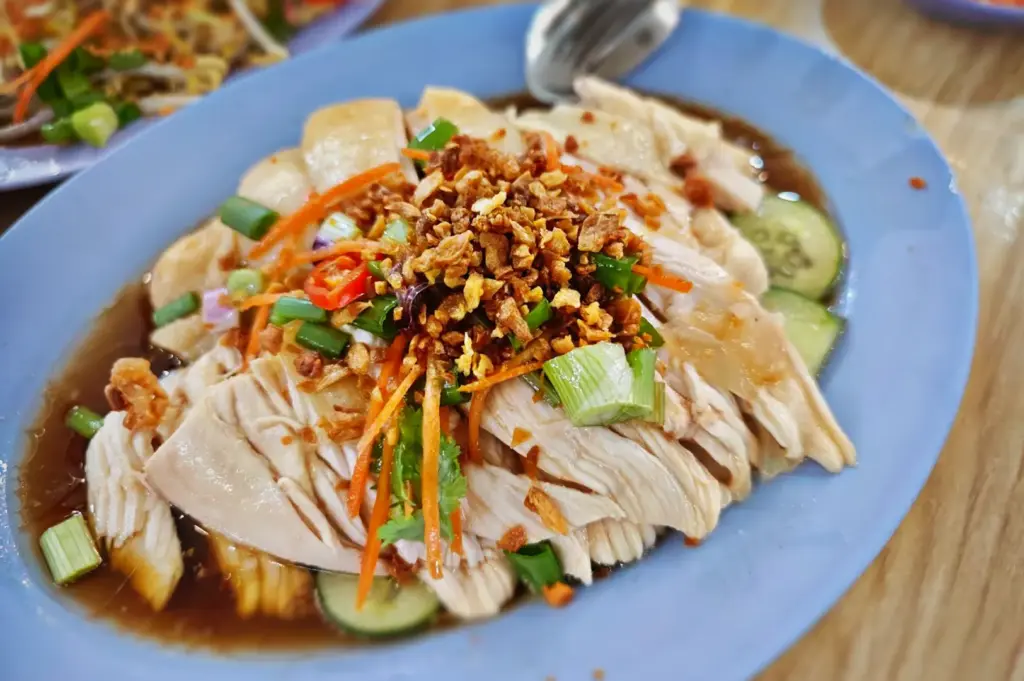 A plate of Boneless steamed chicken drenched in soy sauce and topped with crispy fried garlic bits and green onions from Katong Shopping Centre.