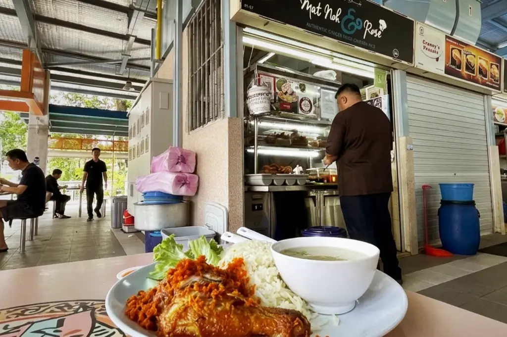 Mat Noh & Rose Authentic Ginger Fried Chicken Rice with vegetables on the side, served with a bowl of chicken soup in front of the Mat Noh & Rose hawker stall at Whampoa Food Centre in Singapore.