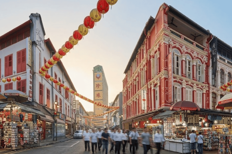 A vibrant street scene in Singapore's Chinatown showing colorful, historic shophouses decorated with strings of red and yellow lanterns. Pedestrians walk along the street, with the tall, modern People's Park Complex building visible in the background under a clear sky.