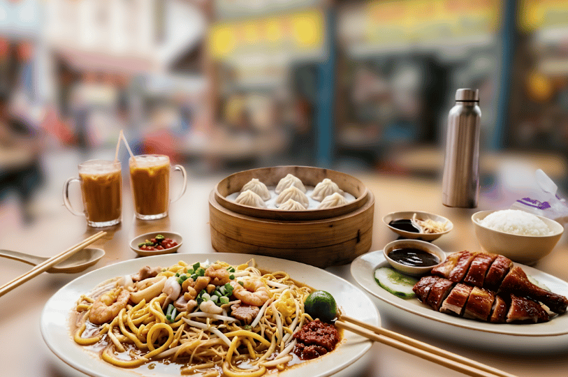 A rich spread of hawker food featuring a plate of prawn noodles (Hokkien Mee), a bamboo steamer of soup dumplings (Xiao Long Bao), a plate of roasted duck, and two glasses of iced milk tea. The background is a blurred, colorful view of a bustling food centre environment.