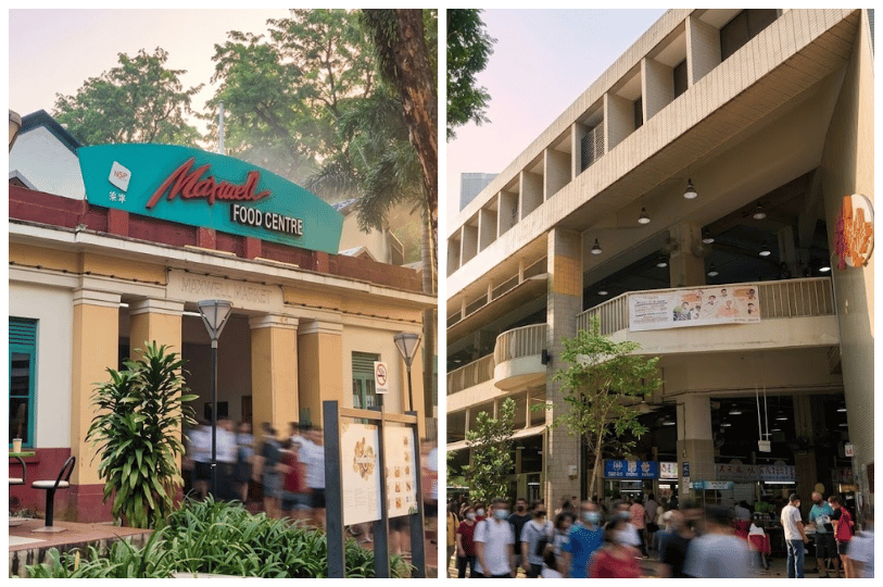 A side-by-side composite photo of the Maxwell Food Centre. The left image shows the iconic entrance with its red, green, and yellow facade and signage, while the right image shows the building's multi-story, open-air architecture with people walking through the corridors.