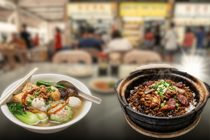 A table setting with a bowl of clear broth Yong Tau Foo filled with stuffed tofu and vegetables, sitting next to a traditional claypot rice topped with dark sauce, chicken, and Chinese sausage. The background is a gently blurred scene of a busy hawker centre.