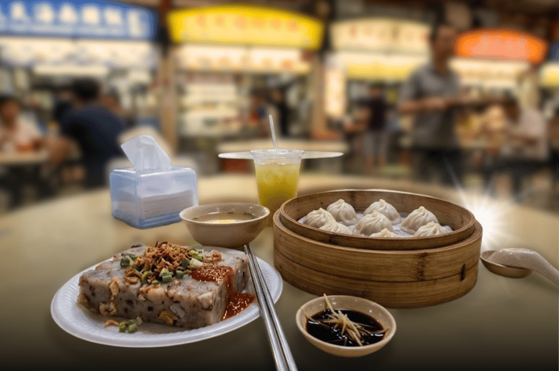 A hawker centre table displaying a plate of savory Yam Cake garnished with crispy shallots and chili, a bamboo steamer filled with Xiao Long Bao (soup dumplings), dipping sauce, and an iced drink. The bustling food stalls and diners are blurred in the background.