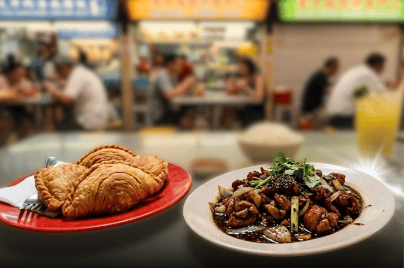 A vivid red plate holding large, golden, flaky curry puffs beside a white plate filled with glossy, dark black pepper chicken. Diners and illuminated hawker stalls are visible in the soft-focus background.