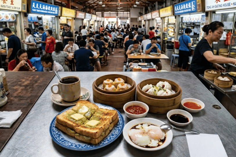 A classic Singaporean breakfast spread featuring toasted bread with thick slabs of butter and kaya (coconut jam), soft-boiled eggs splashed with dark soy sauce, a cup of traditional local coffee (kopi), and two bamboo steamers of dim sum. The background shows a sharp, bustling view of a crowded hawker centre.