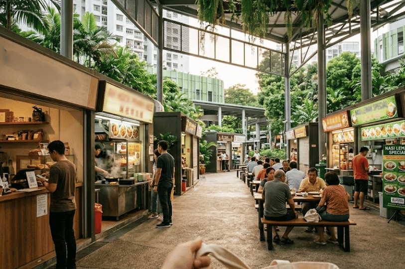 A bustling open-air hawker centre framed by tropical greenery and modern residential buildings. Thick steam rises from an active food stall as a cook prepares a dish, visually capturing the intense, savory aromas that permeate the lively, communal dining space.