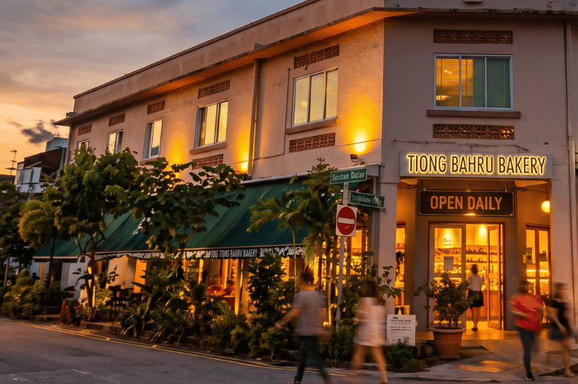 The warmly lit Tiong Bahru Bakery glowing inside a classic heritage shophouse at dusk, with blurred silhouettes of people walking briskly along the sidewalk in the foreground.