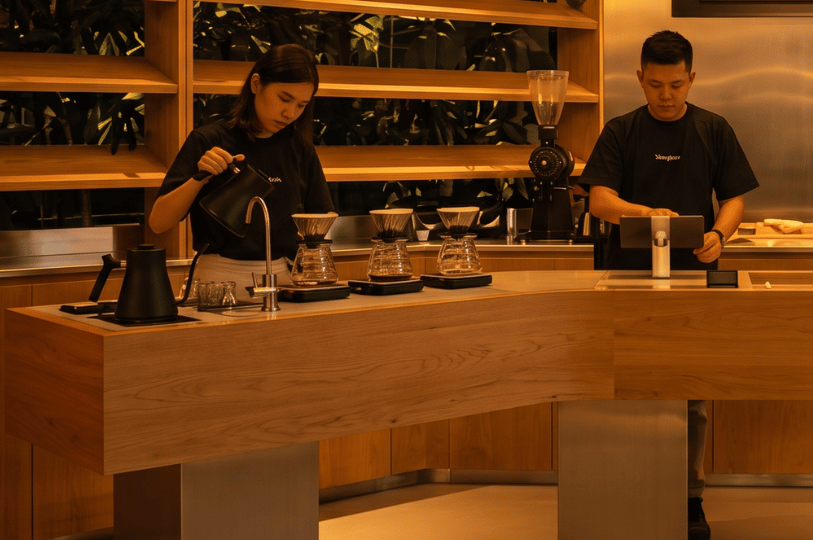 Two staff members working quietly behind a sleek, minimalist wooden coffee bar; one prepares a pour-over coffee while the other operates a tablet system.