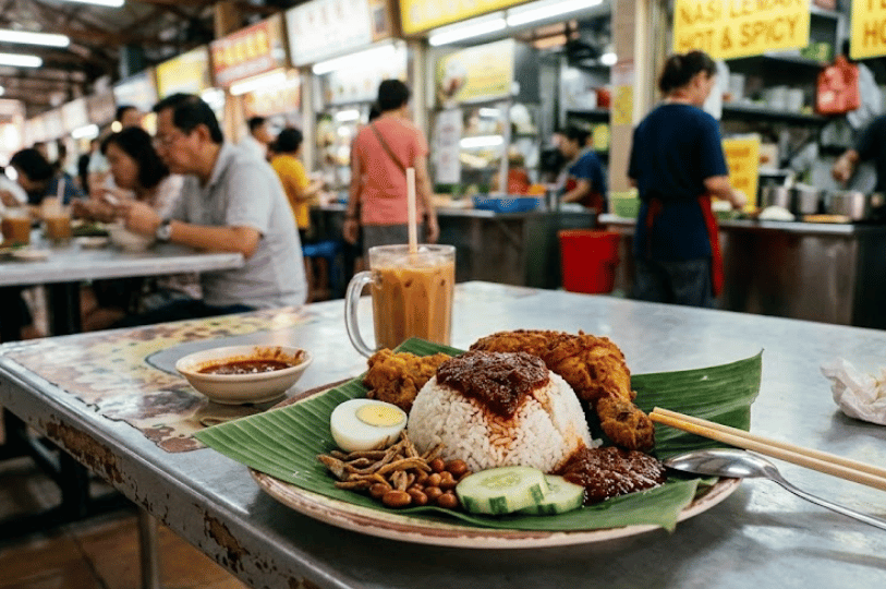 A bustling Singaporean hawker centre scene featuring a premium plate of Nasi Lemak with fried chicken leg, otah, and ikan bilis served on a banana leaf, with diners and stalls in the blurred background.