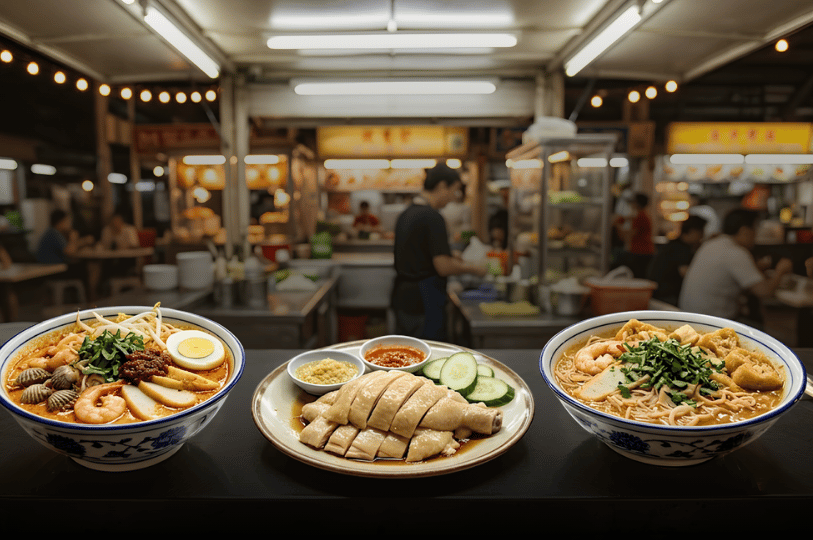 Three classic Southeast Asian hawker dishes—a bowl of spicy laksa with cockles, a plate of sliced Hainanese poached chicken with dipping sauces, and a bowl of curry noodles—arranged on a counter with a vibrant, softly blurred neighborhood food center in the background.